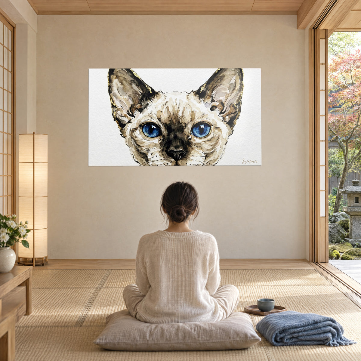 Quadro volto di gatto siamese acquerellato, sfumature beige crema e cioccolato, sguardo blu penetrante, contemplato da una donna seduta a gambe incrociate su un cuscino