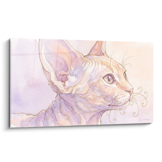 Tableau Devon rex aux ondulations mauves et pêche - Douceur évanescente - Edition Chat Devon rex