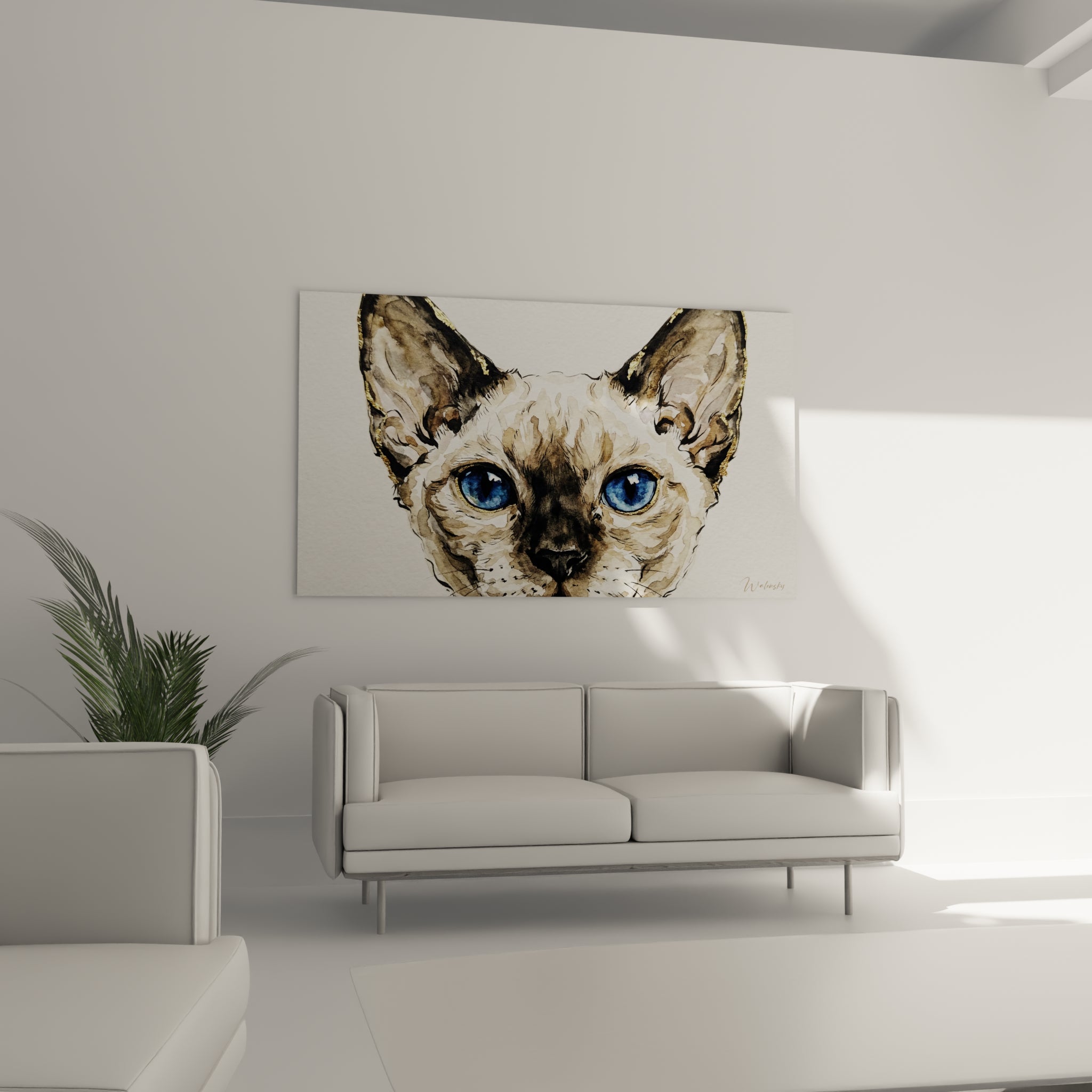 Félin Devon rex en aquarelle brune et bleue, regard fixe, au-dessus d'un canapé dans un salon lumineux