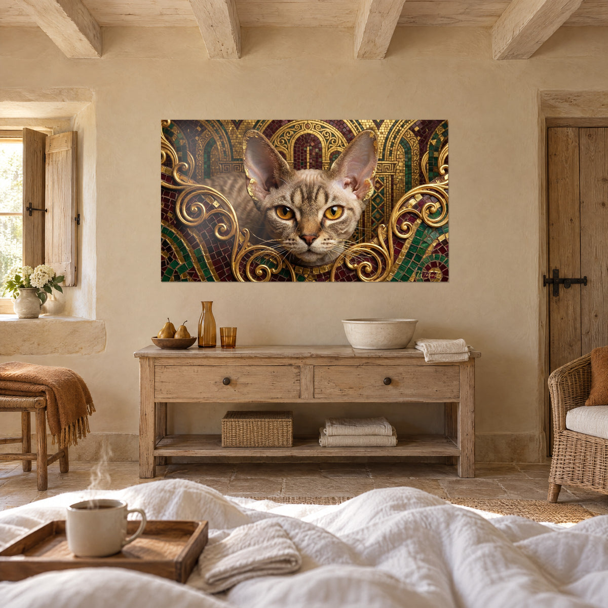 Tableau portrait de chat aux oreilles dorées, tesselles bordeaux et émeraude, arcades byzantines, au-dessus d'un lit dans une chambre claire