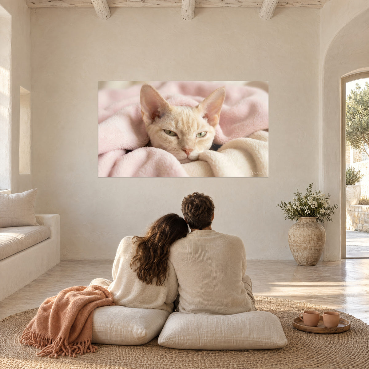 Obraz kremowy kot Devon rex w pastelowo różowym kocu, biała wapniowana ściana, widziany przez dwie osoby siedzące tyłem na poduszkach