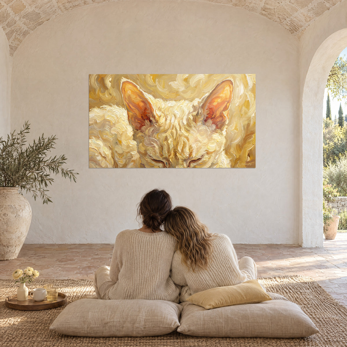 Πίνακας κοιμισμένη Devon rex, μάλλινο κρεμ τρίχωμα και κεχριμπαρένια αυτιά, απέναντι σε αγκαλιασμένο ζευγάρι πάνω σε μαξιλάρια κάτω από θόλο