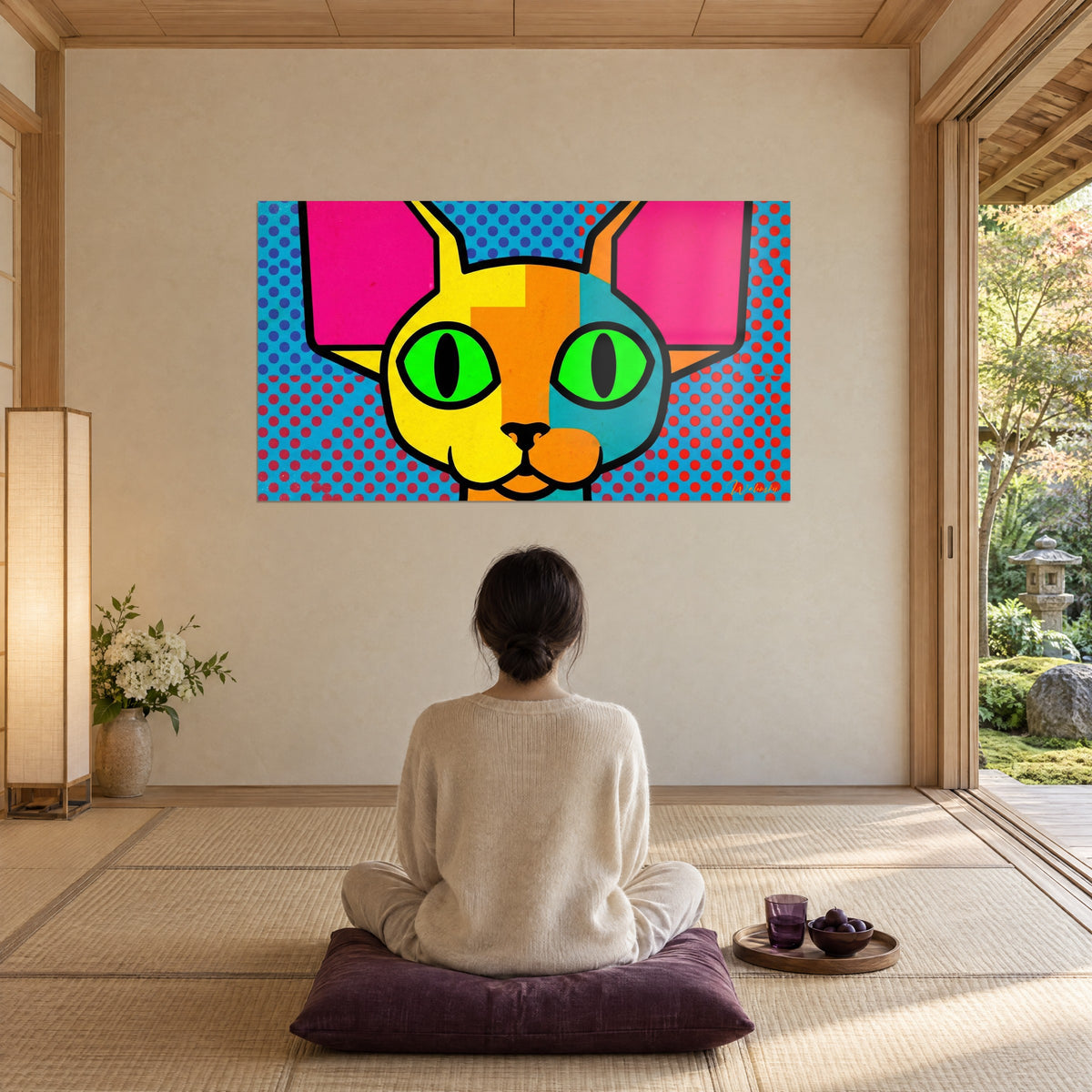 Tableau chat sphynx coloré aux pupilles noires et iris verts, fond bleu pointillé de rouge, face à une femme assise sur un coussin prune