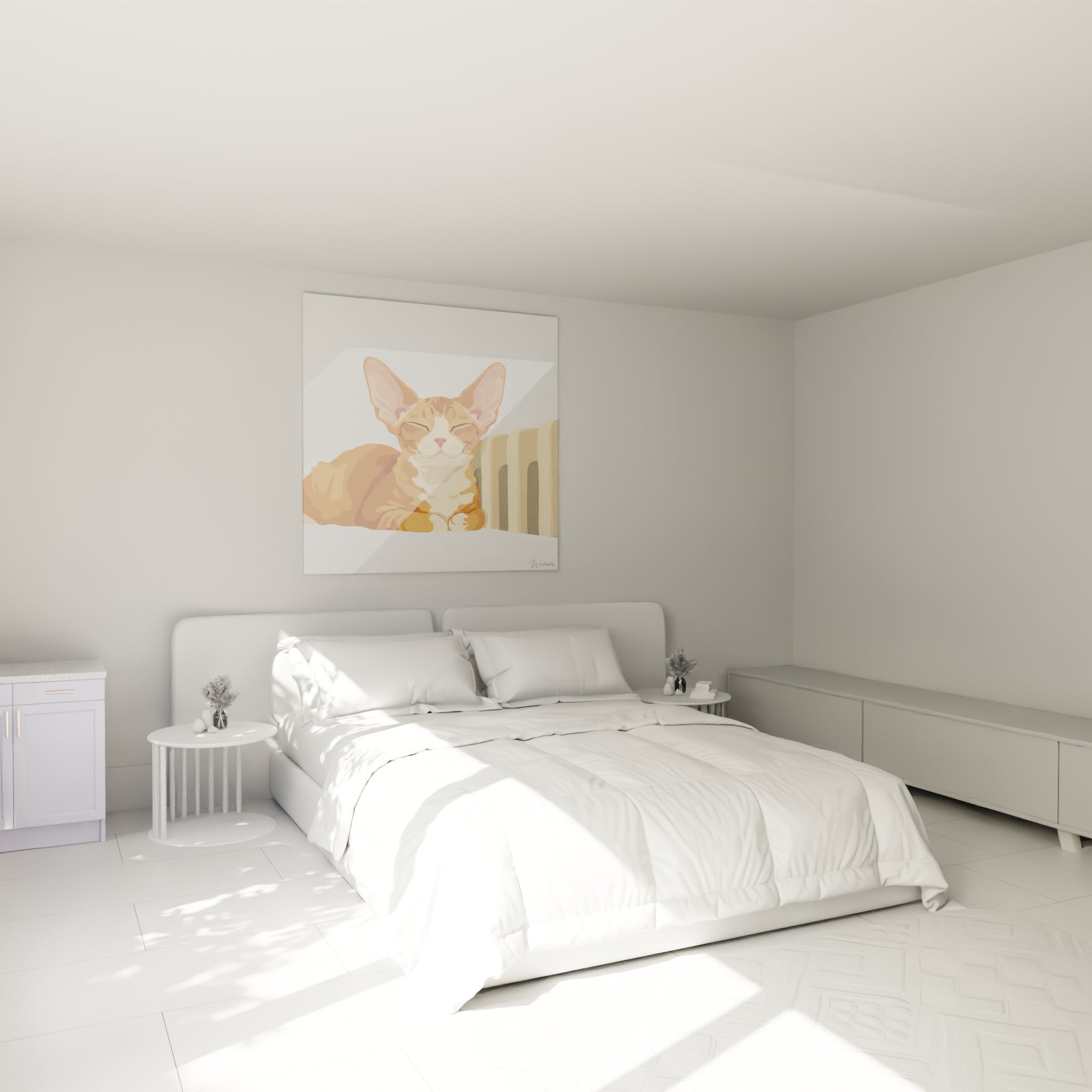Félin Devon rex aux tons ocre et blanc, posé au-dessus d'un lit dans une chambre claire