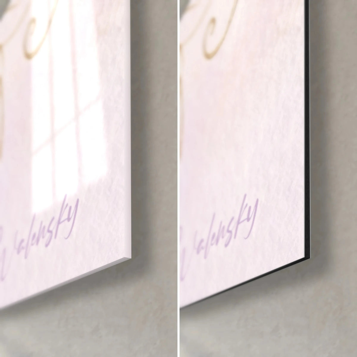 Wall art Devon rex cat, glossy glass corner bottom right on the left, matte brushed Dibond aluminium on the right, mauve Walensky signature, 3 mm black edge