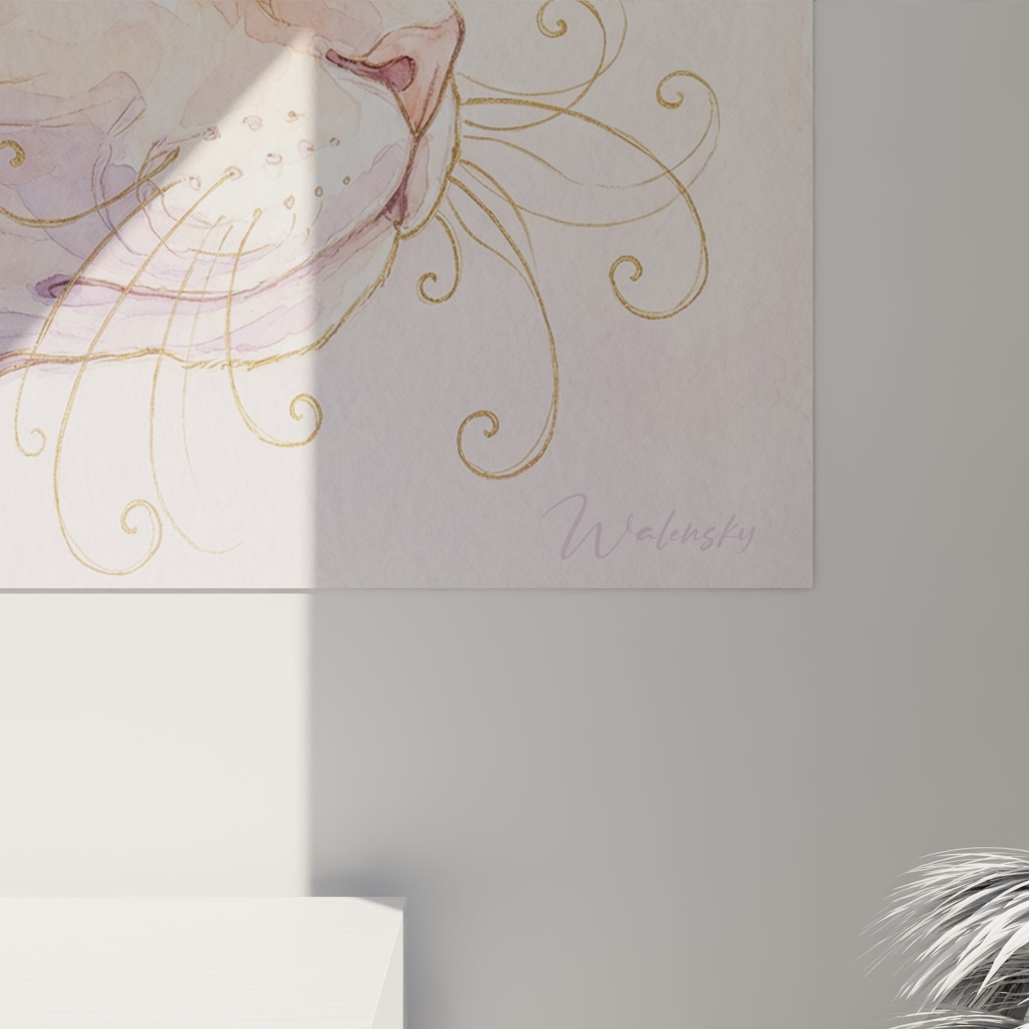 Détail du pinceau sur ce chat Devon rex, coulures mauves et pêche se mêlant au grain de la toile