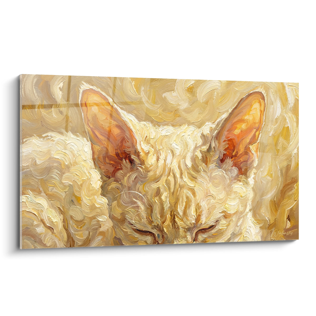 Chat Devon rex crème aux oreilles orangées, empâtements dorés et ocre en tourbillons expressifs