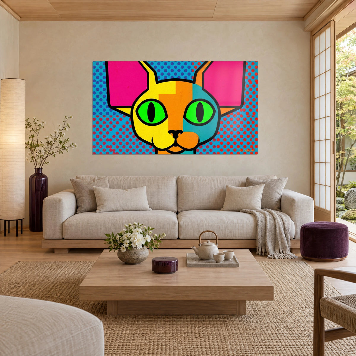 Πίνακας pop art γάτα Devon rex με πράσινα μάτια και ροζ αυτιά, μπλε φόντο με κόκκινες βούλες, πάνω από έναν καναπέ σε φωτεινό σαλόνι