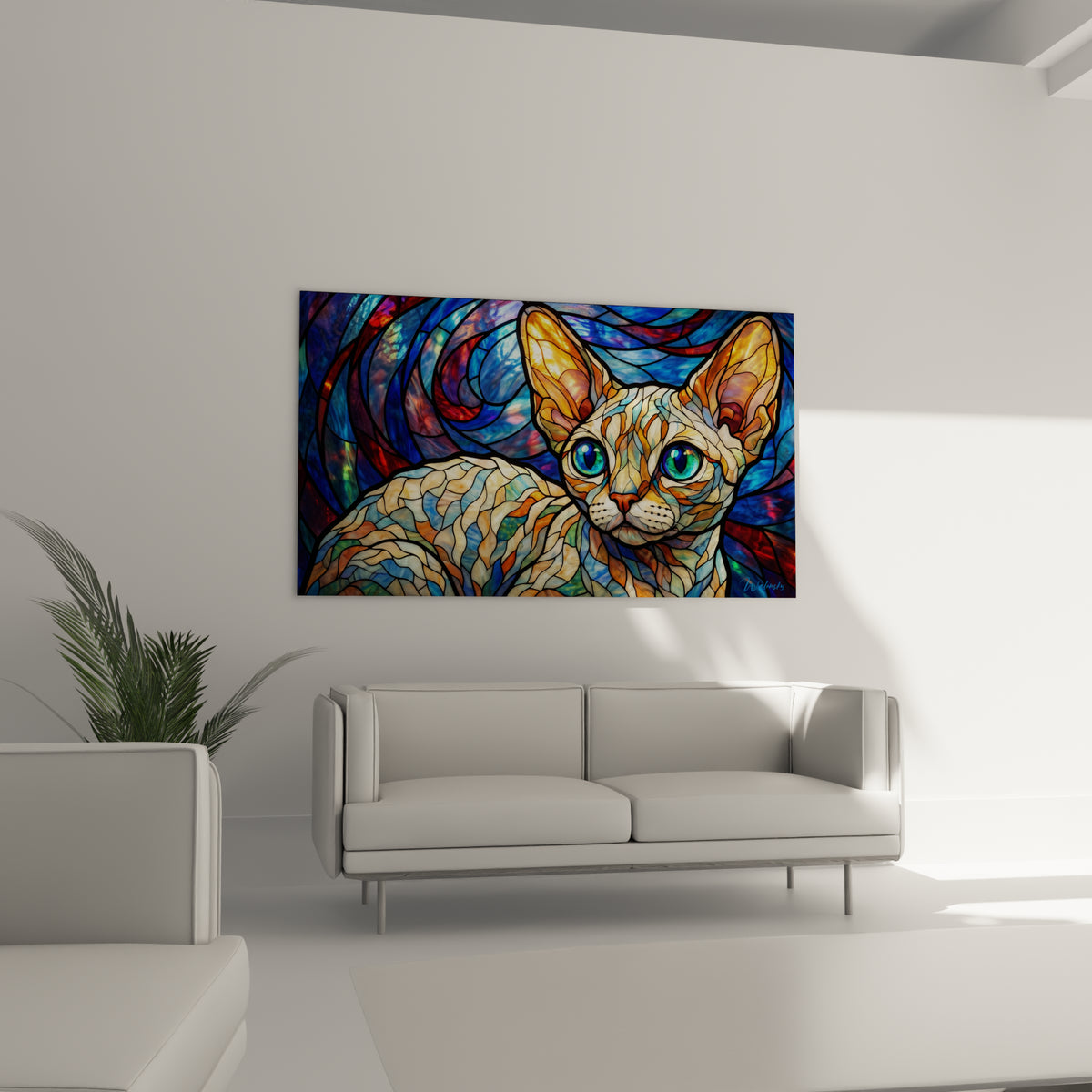 Félin en mosaïque dorée et bleu marine, regard perçant, au-dessus d'un canapé dans un salon lumineux.