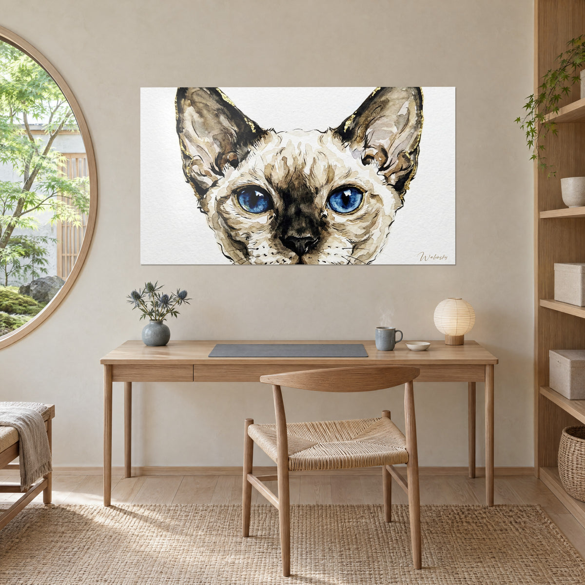 Quadro gattino dalle orecchie appuntite dorate a foglia d'oro, naso nero e iride blu reale, appeso sopra una scrivania in legno chiaro vicino a una finestra rotonda