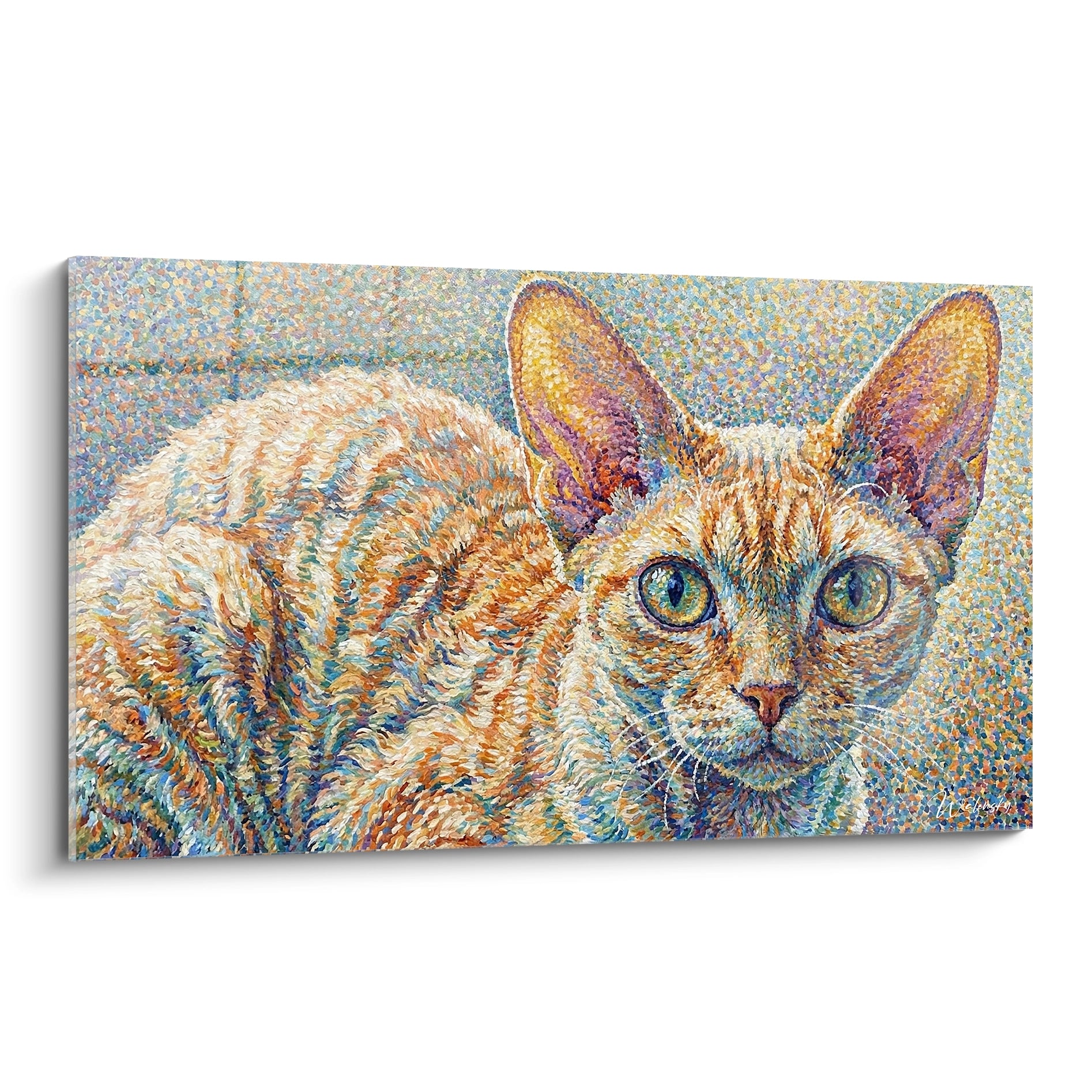 Chat Devon rex aux oreilles roses et fourrure ocre, technique pointilliste sur fond bleu pastel