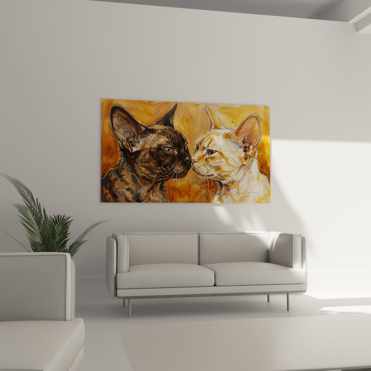 Félins devon rex tendres aux teintes dorées et brunes au-dessus d'un canapé dans un salon lumineux