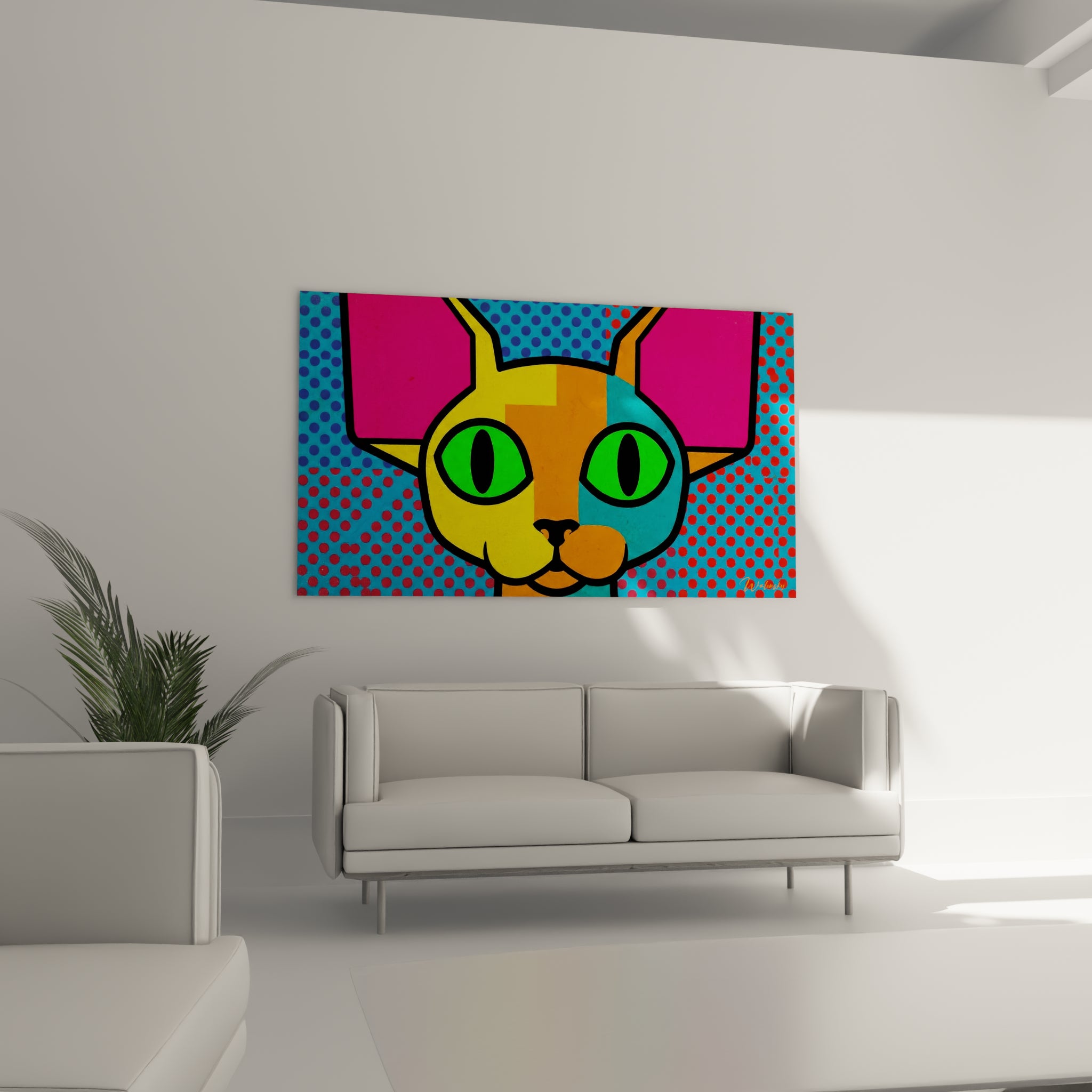 Visage graphique du Chat Devon rex en orange et rose vif, au-dessus d'un canapé dans un salon lumineux