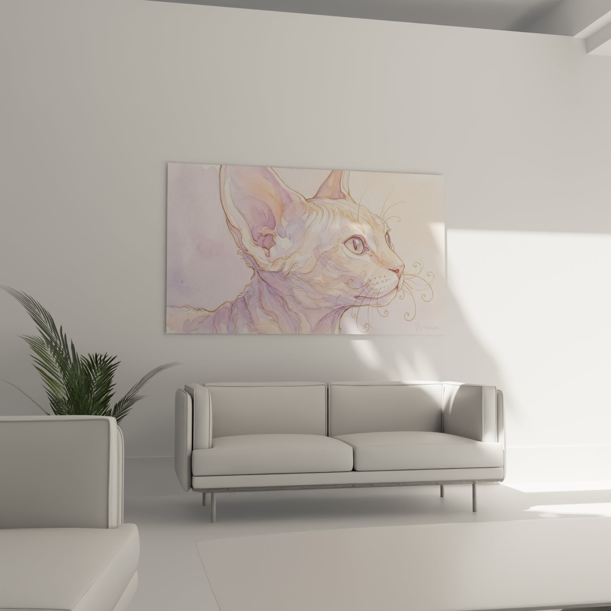 Chat Devon rex aux teintes mauves et dorées, suspendu au-dessus d'un canapé dans un salon lumineux
