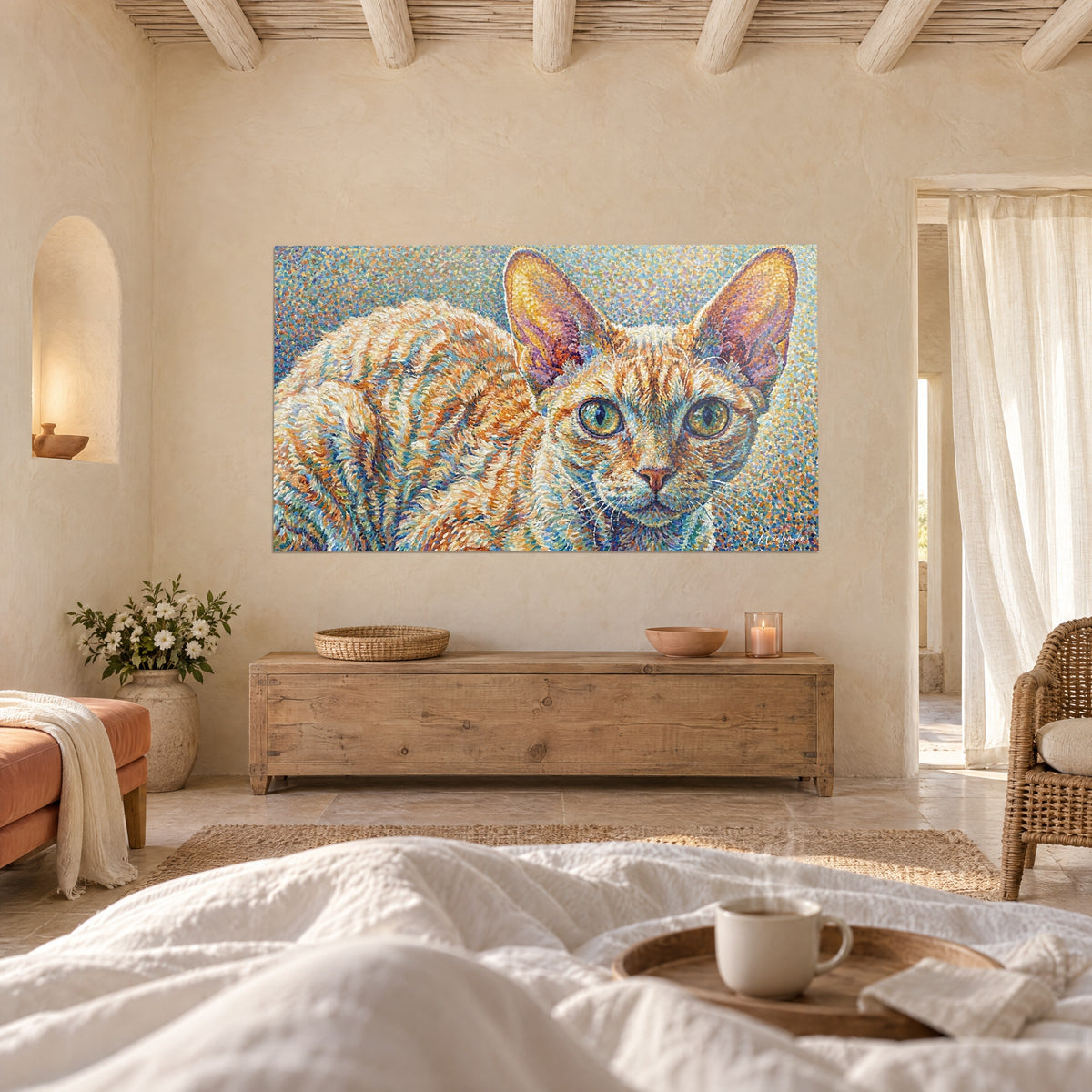 Tableau minet orangé aux larges oreilles rosées, regard vert intense, nuances ocre et bleu, au-dessus d'un lit dans une chambre claire