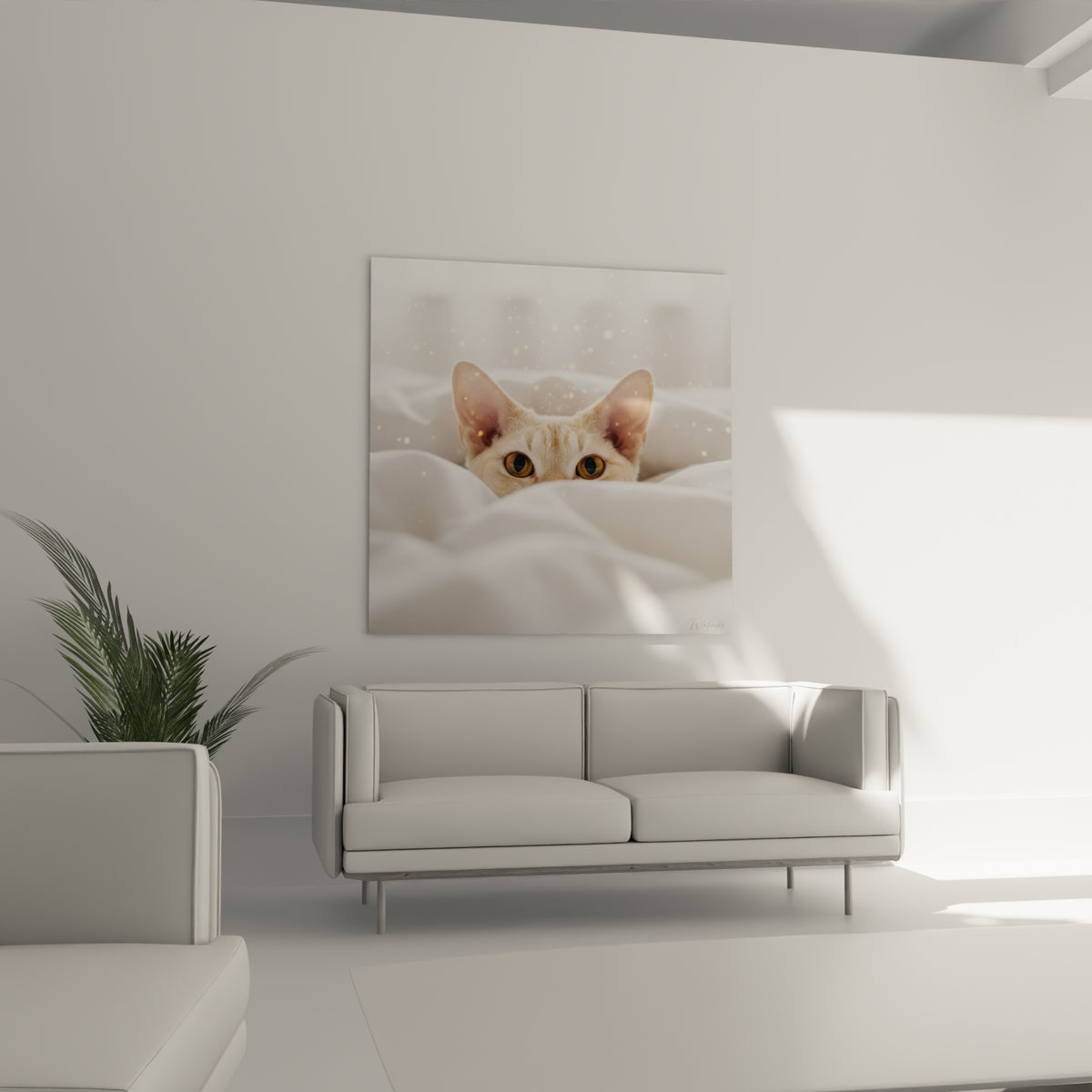 Oreilles et regard ambré d'un Chat Devon rex beige nichés dans le blanc, au-dessus d'un canapé dans un salon lumineux