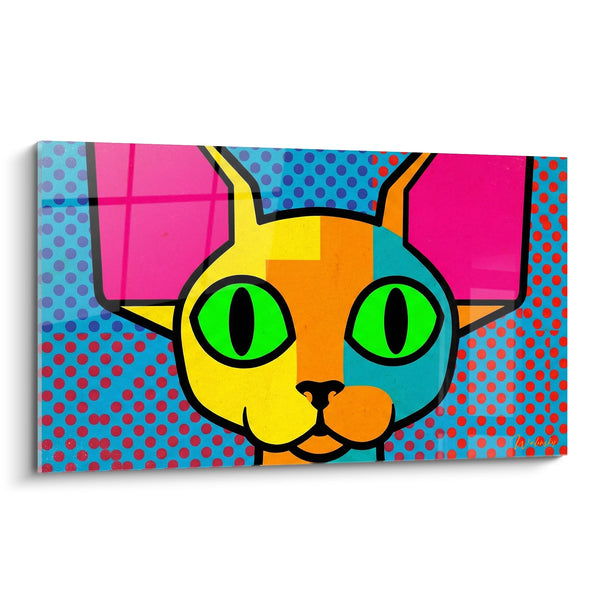 Tableau Chat pop art rose et jaune vif - Regard électrique - Edition Chat Devon rex