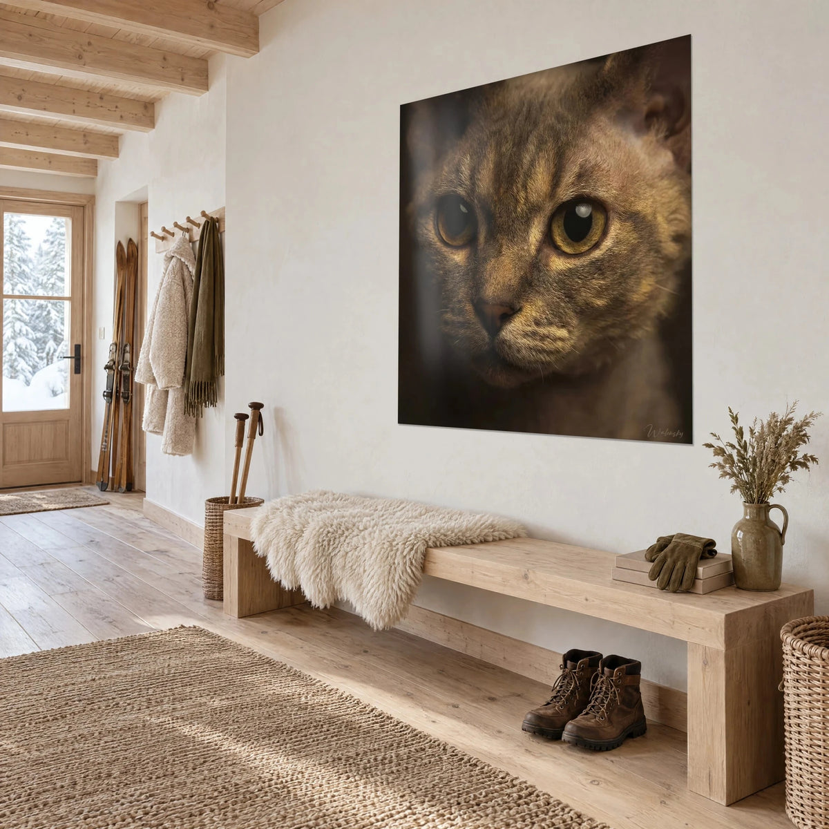 Wall art feline with a piercing gaze, golden irises and honey-striped taupe fur, on a white wall, chalet entrance