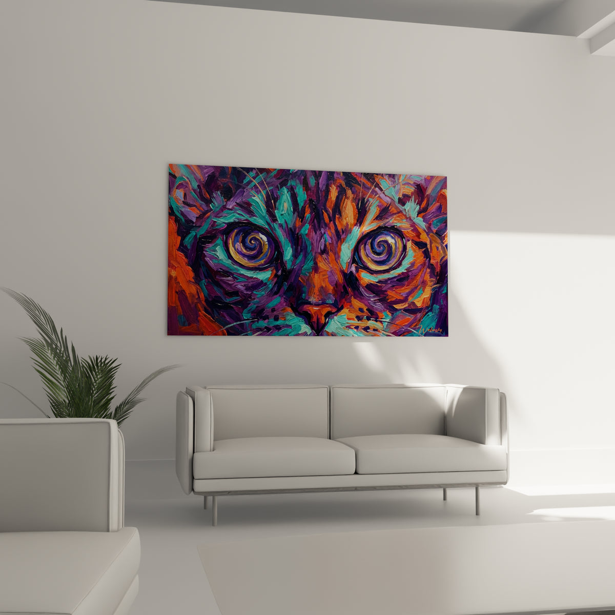 Visage de Chat Devon rex peint en touches violettes et orange vif, au-dessus d'un canapé dans un salon lumineux