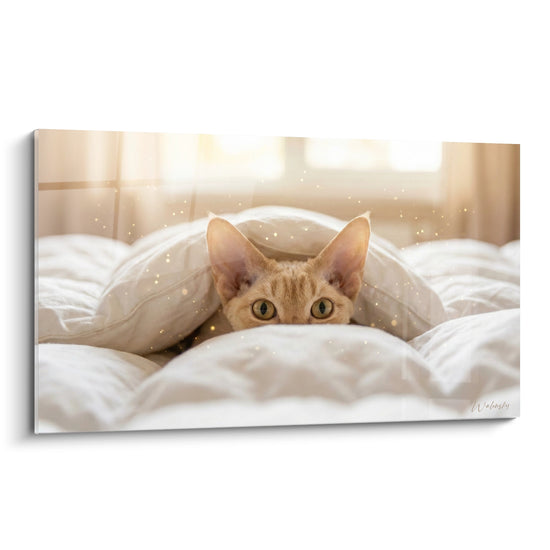 Tableau Chaton roux caché entre draps blancs - Cachette matinale - Edition Chat Devon rex