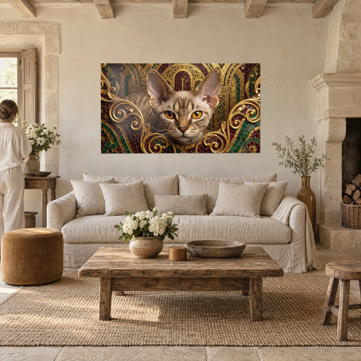 Tableau chat Devon rex aux immenses oreilles, or et bordeaux, mosaïque byzantine, au-dessus d'un canapé dans un salon lumineux