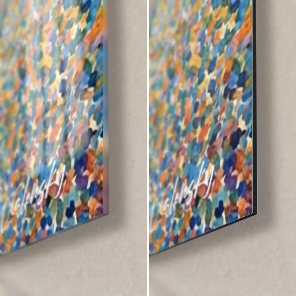 Schilderij kattenportret, rechtsonder: blauwe en oranje stippen op glanzend glas links, mat geborsteld Dibond aluminium rechts, dikte 3 mm
