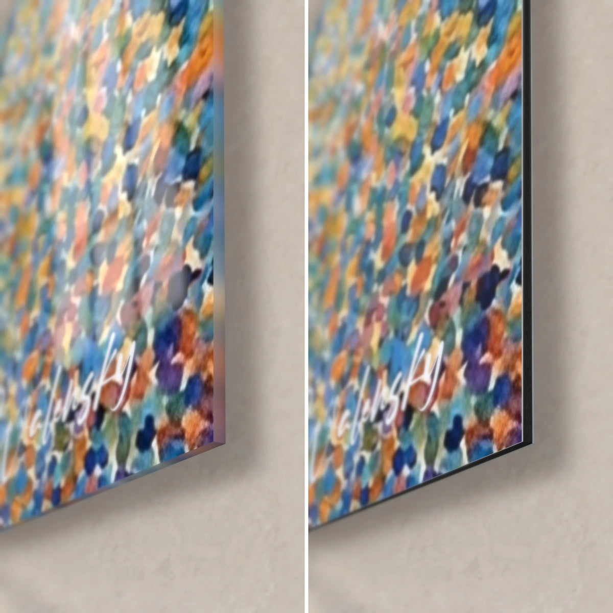 Tableau portrait de chat, coin bas droit : points bleu et orange sur verre brillant à gauche, alu Dibond mat à droite, tranche 3 mm