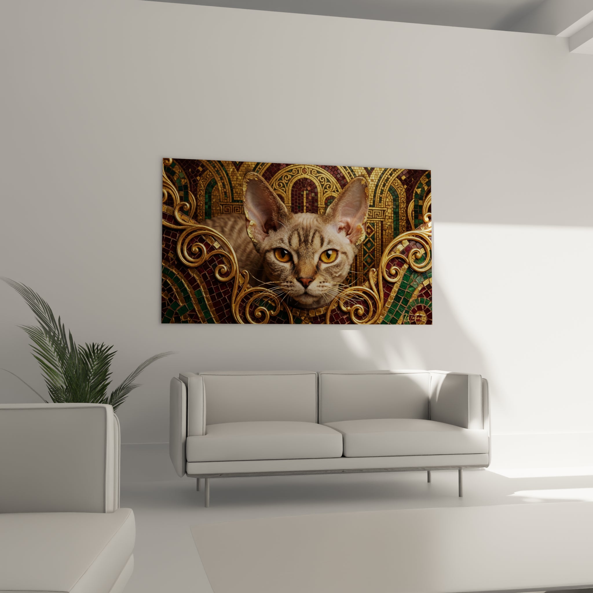 Chat Devon rex aux oreilles dorées et fond vert sauge accroché au-dessus d'un canapé dans un salon lumineux