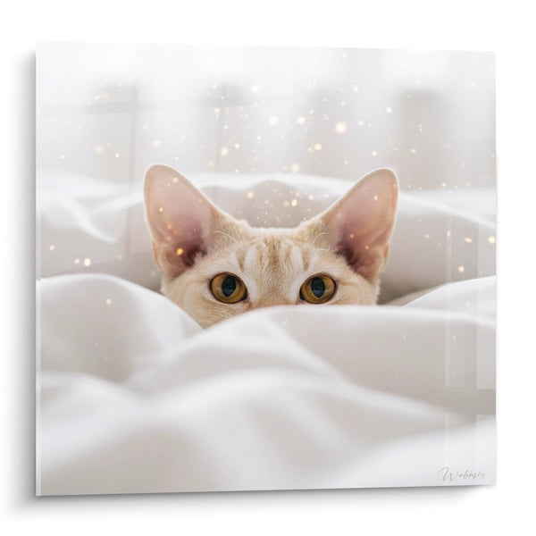 Tableau Chat crème blotti sous draps blancs - Éveil sous la couette - Edition Chat Devon rex