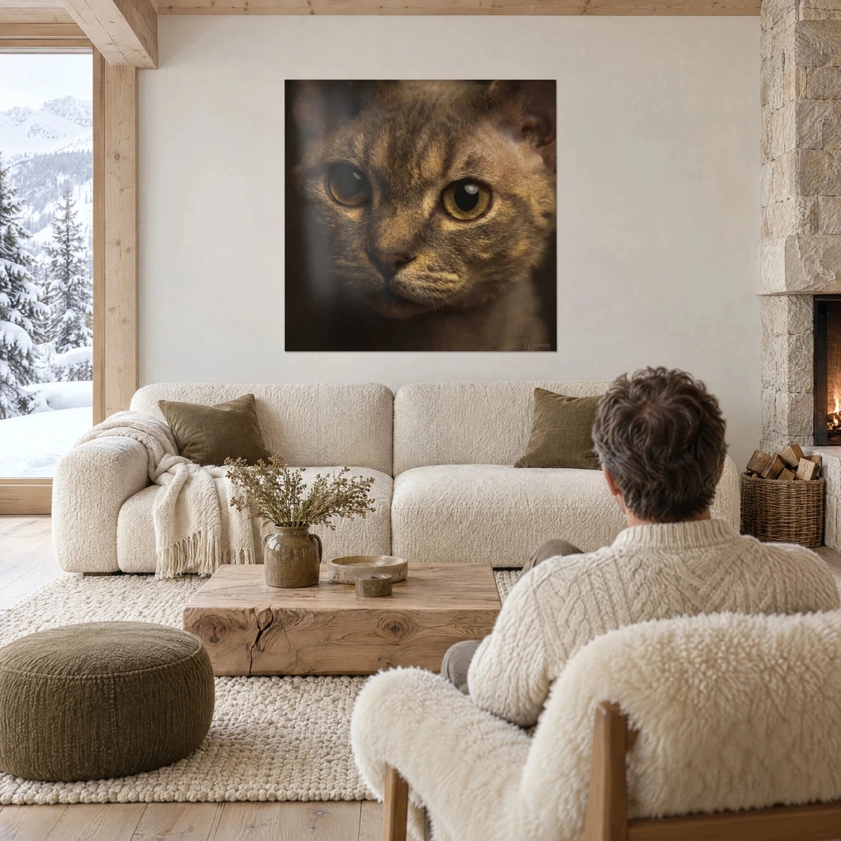 Wall art Devon rex cat with amber eyes and tawny stripes, dark brown background, above a sofa in a bright living room