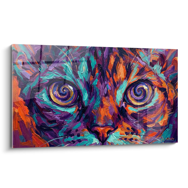 Tableau Chat aux yeux violets spirales turquoise - Regard hypnotique - Edition Chat Devon rex