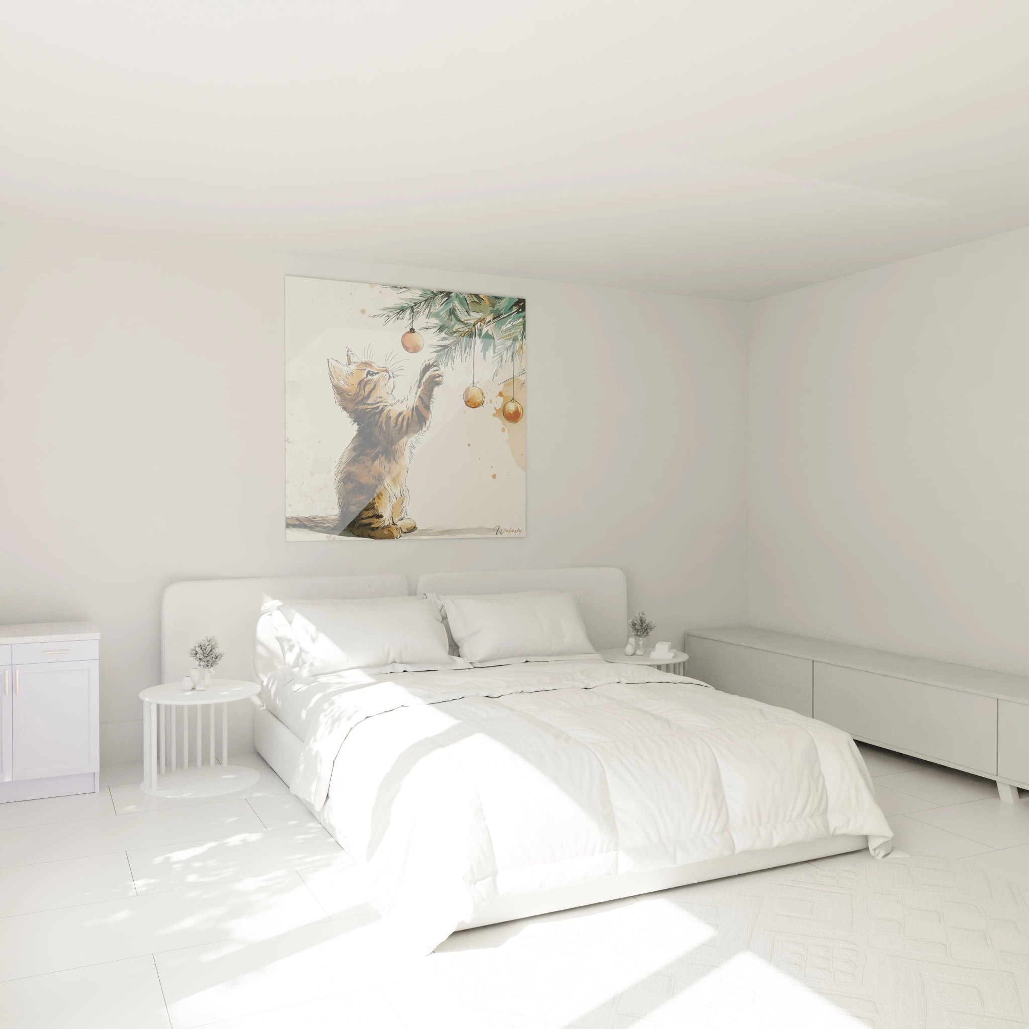 Tableau chat Noël accroché au-dessus d'un lit d'une chambre moderne et lumineuse