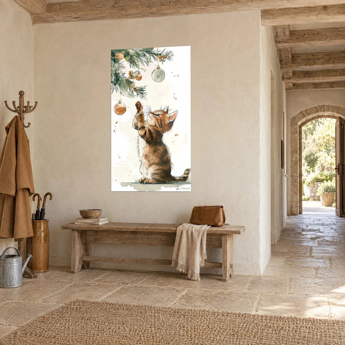 Wall art tabby cat reaching a paw toward a green bauble on a cream background, pale stone and wooden bench, three-quarter view