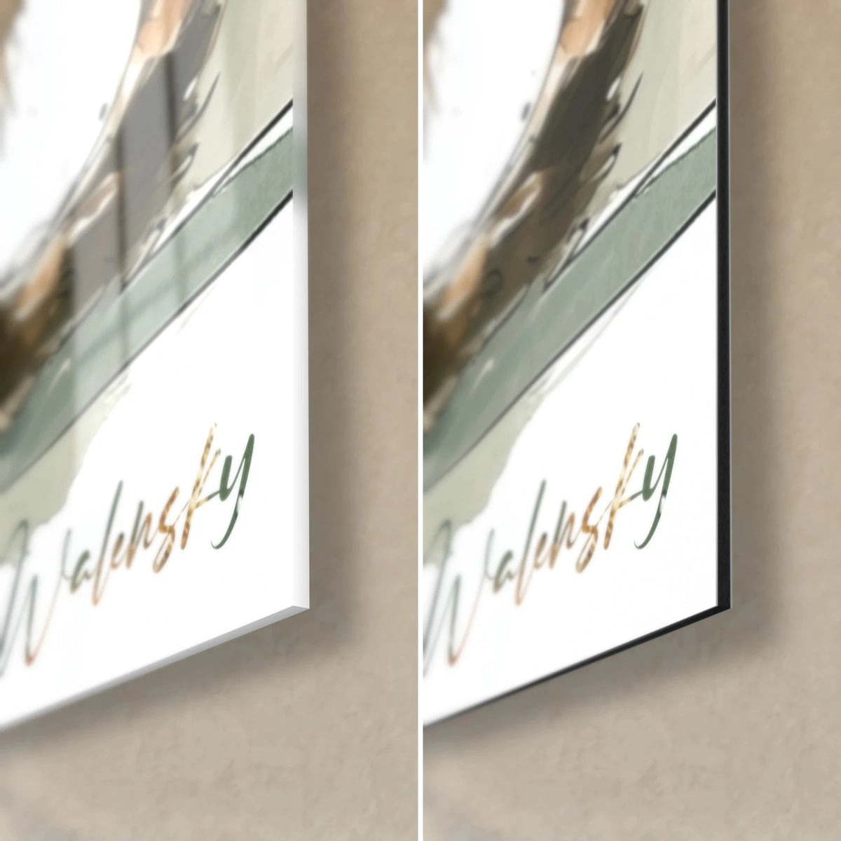 Wall art watercolour kitten with Walensky signature, bottom right corner: glossy white and sage green glass, matt black Dibond aluminium, 3 mm edge