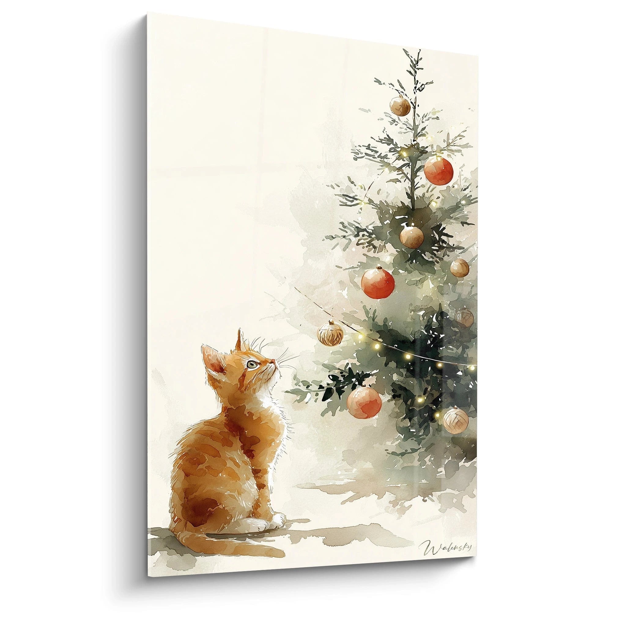 Tableau chat Noël avec un chat orange admirant un sapin décoré de boules au style artistique