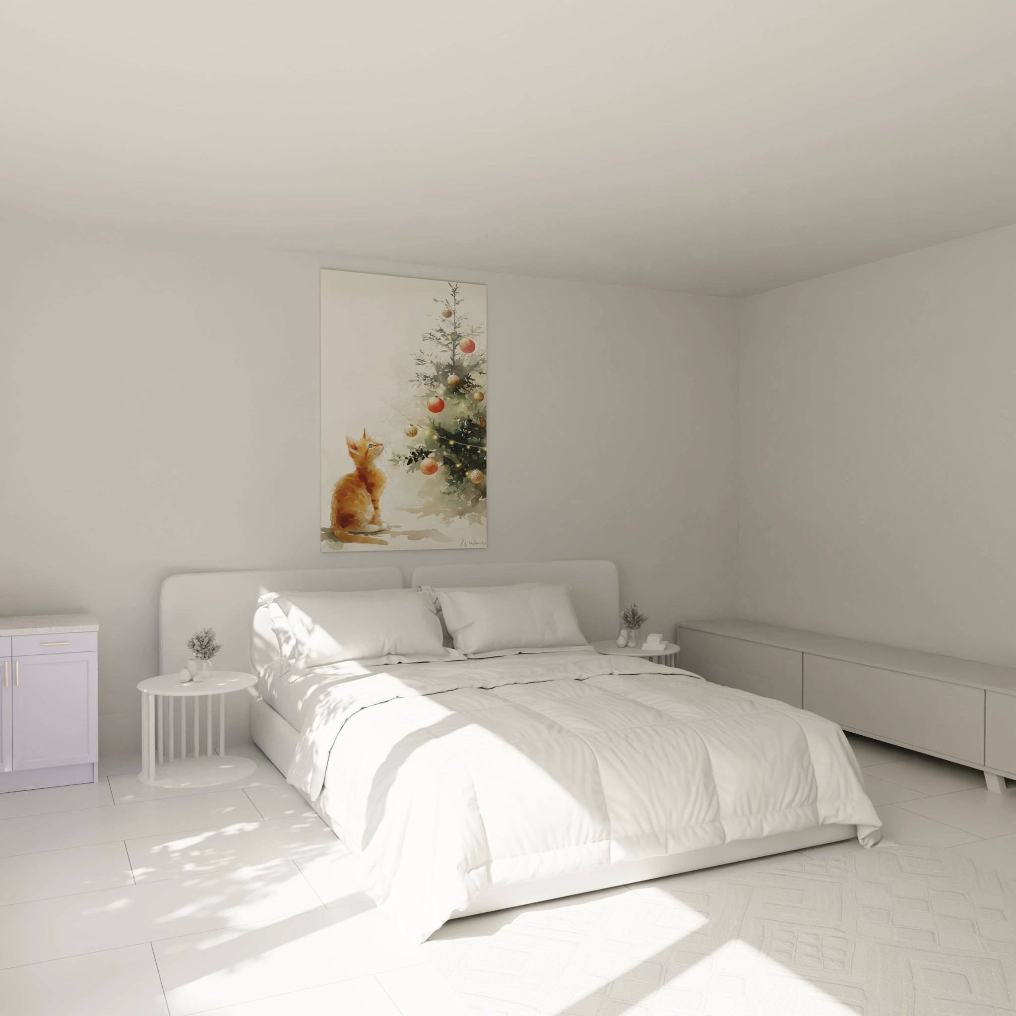 Tableau mural chat Noël avec un chat devant un sapin décoré dans une chambre moderne
