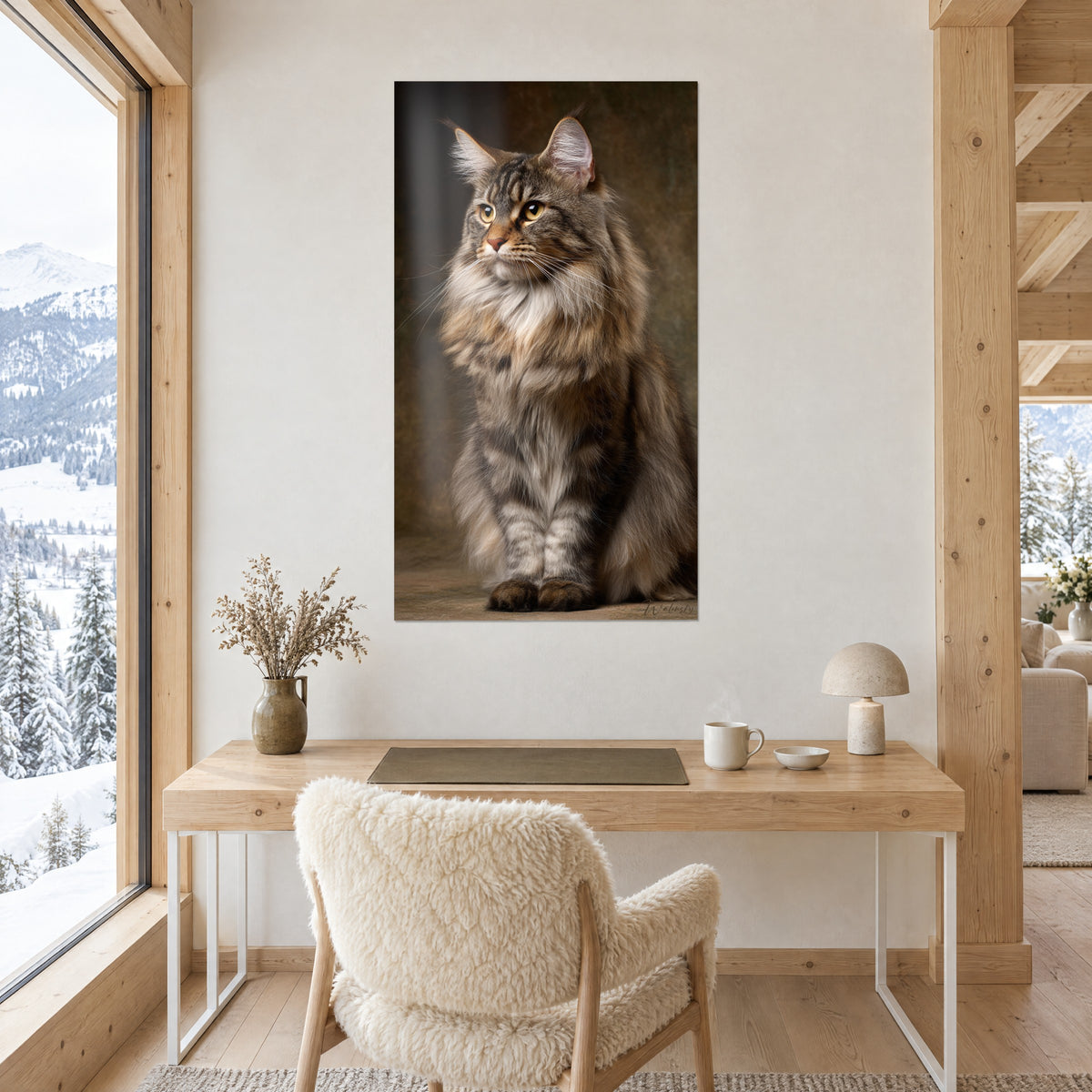 Schilderij grote getigerde kater met gele ogen en crèmekleurige borst, witte muur, licht houten bureau en witte fauteuil van een chalet