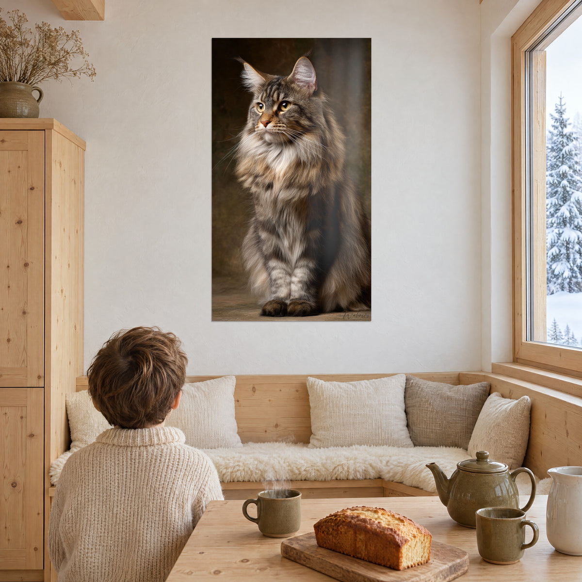 Schilderij portret van een grote Angora-kat met witte borstvacht, goudbruine achtergrond, een kind van achteren voor het raam van een berghut