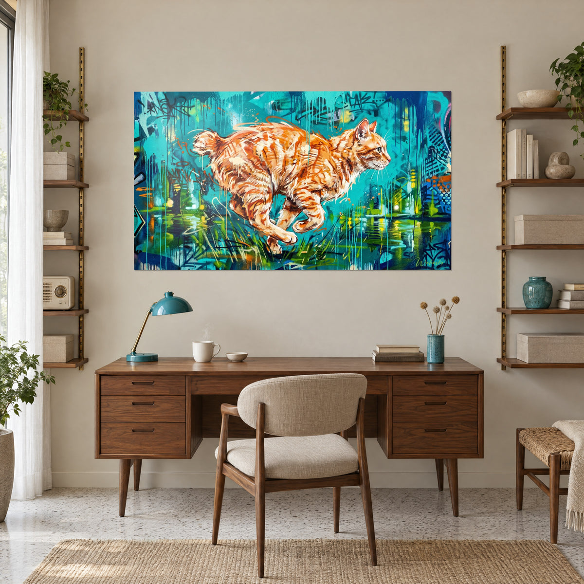 Tableau minet orange fonçant dans l'herbe, éclaboussures turquoise et vert anis, au-dessus d'un bureau en bois près d'une lampe bleue