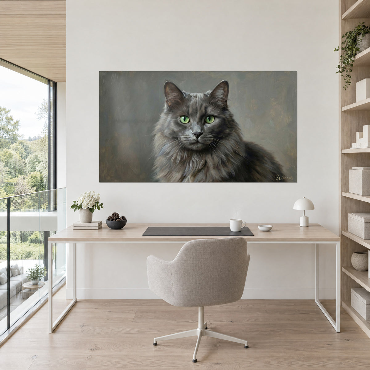 Wall art cat with tousled silver fur, pale green gaze, greenish beige background, hung above a light desk
