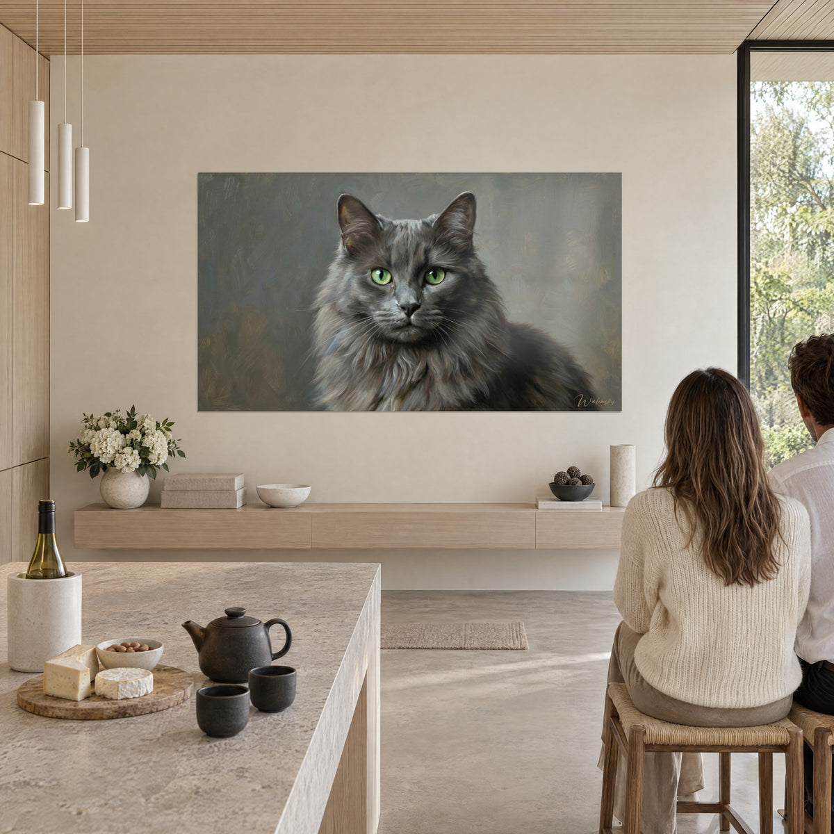 Wall art tomcat with long white whiskers, ash grey fur and apple green eyes, in an open kitchen overlooking the garden