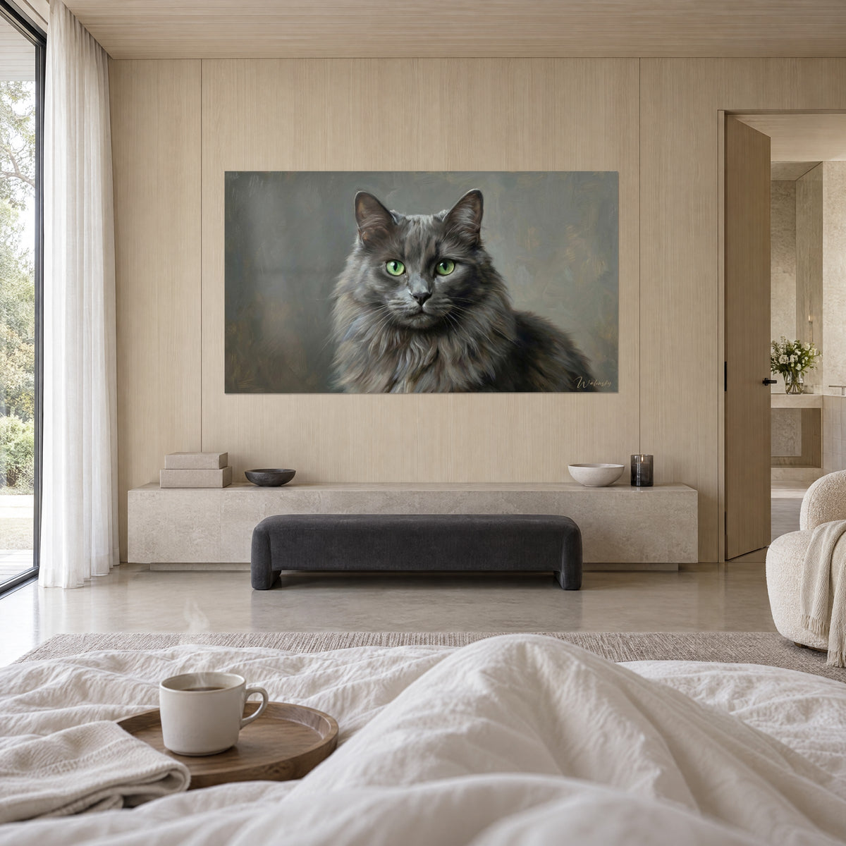 Wall art Nebelung with medium-length slate grey fur and green irises, grey-green background, above a bed in a light bedroom