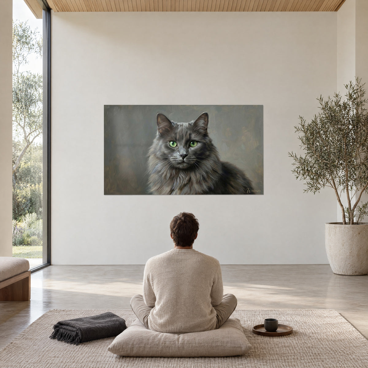Wall art contemplative Nebelung, charcoal coat and luminous green eyes, facing a person sitting in meditation