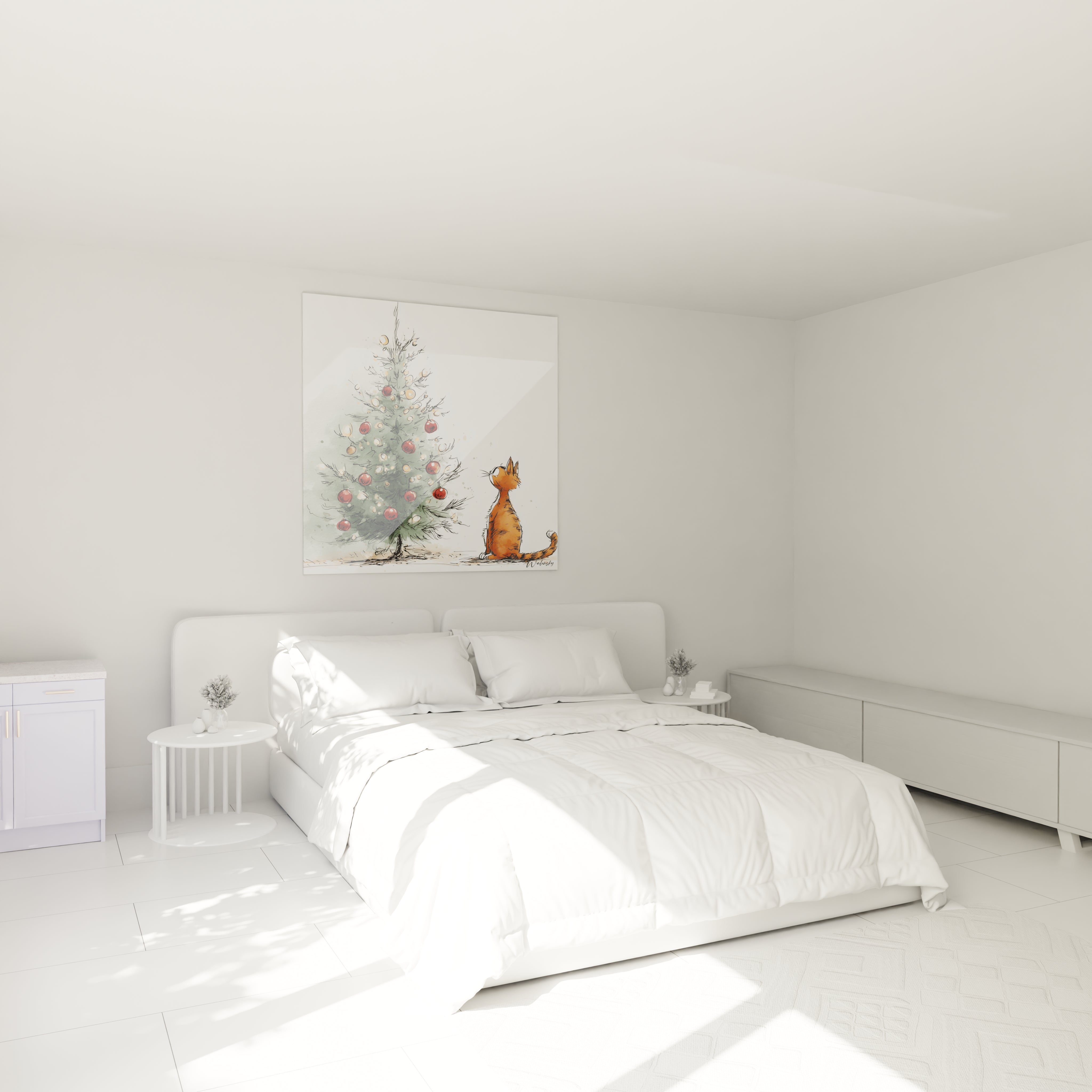 Tableau chat Noël sur mur avec un sapin décoré dans une chambre moderne et lumineuse