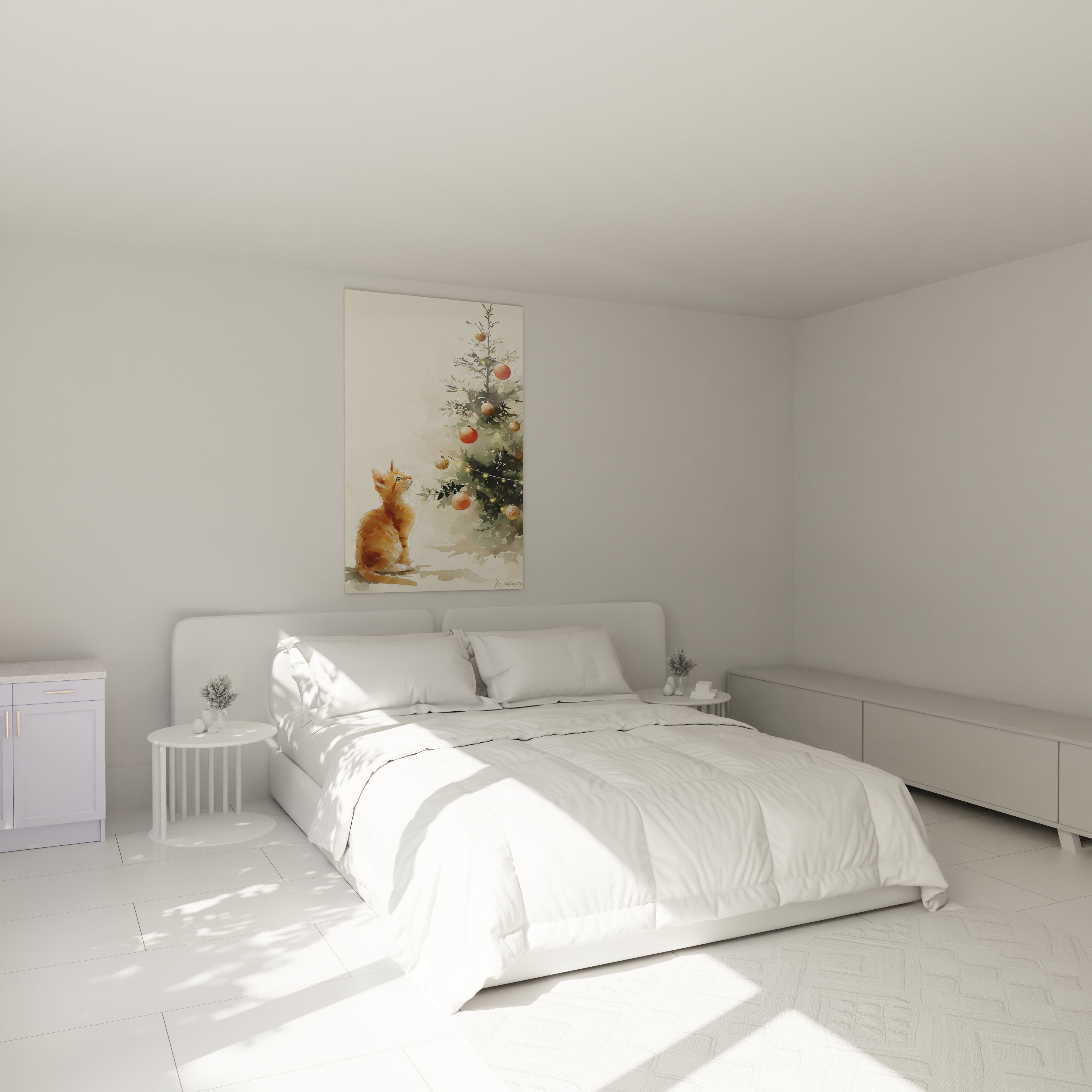 Tableau mural chat Noël avec un chat devant un sapin décoré dans une chambre moderne