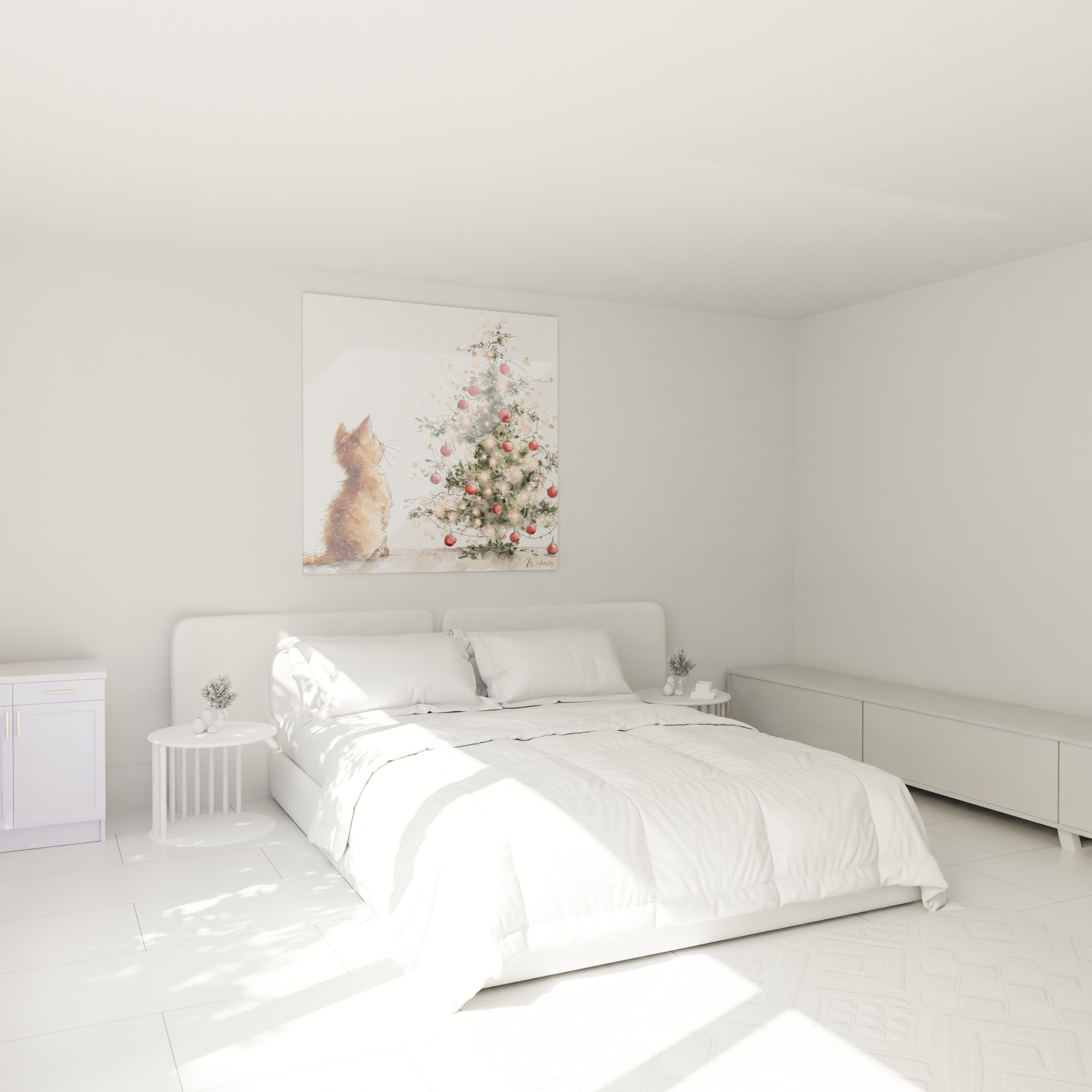 Tableau mural chat Noël avec un arbre décoré dans une chambre moderne et lumineuse