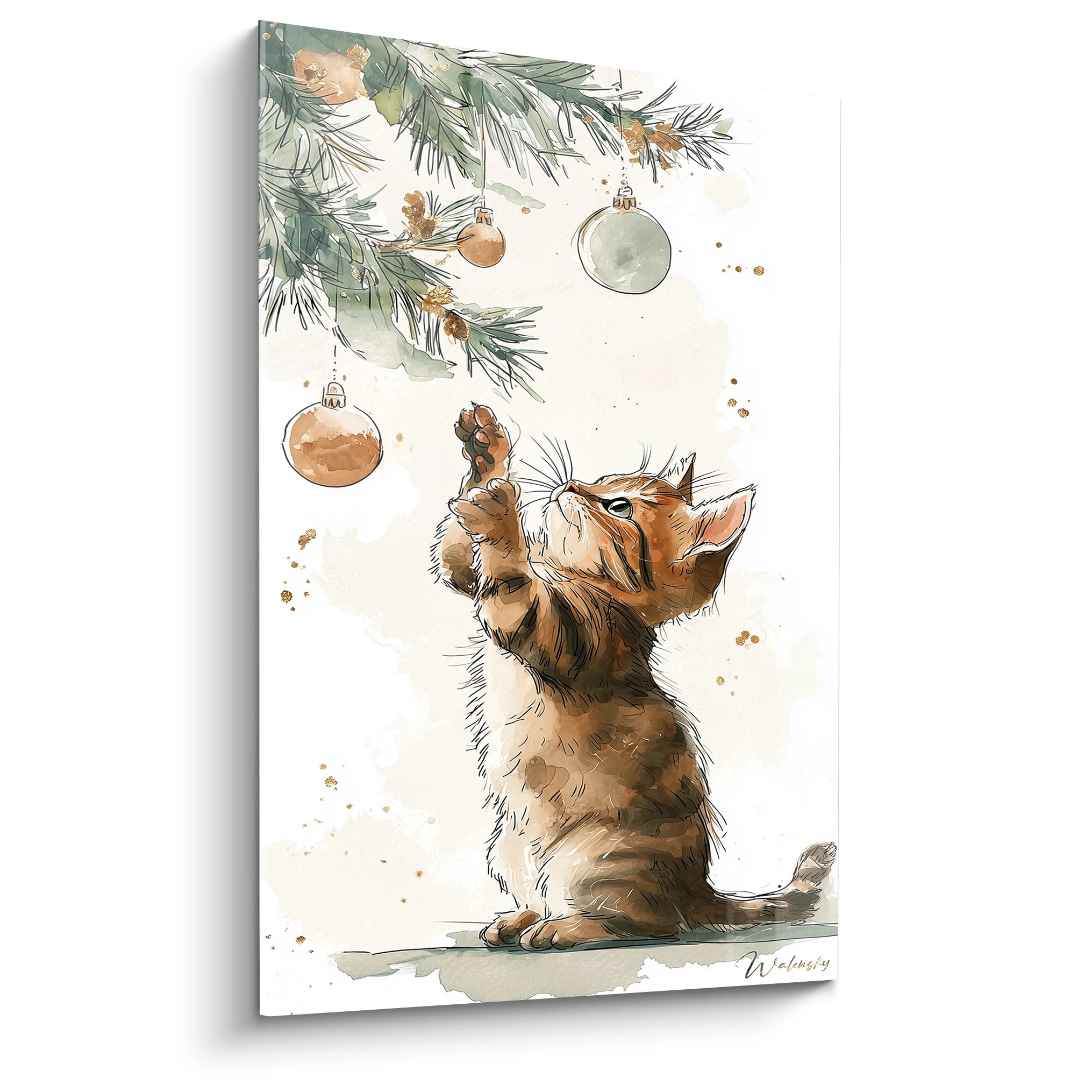 Tableau chat Noël avec un chaton jouant avec des boules de Noël sur une branche de sapin