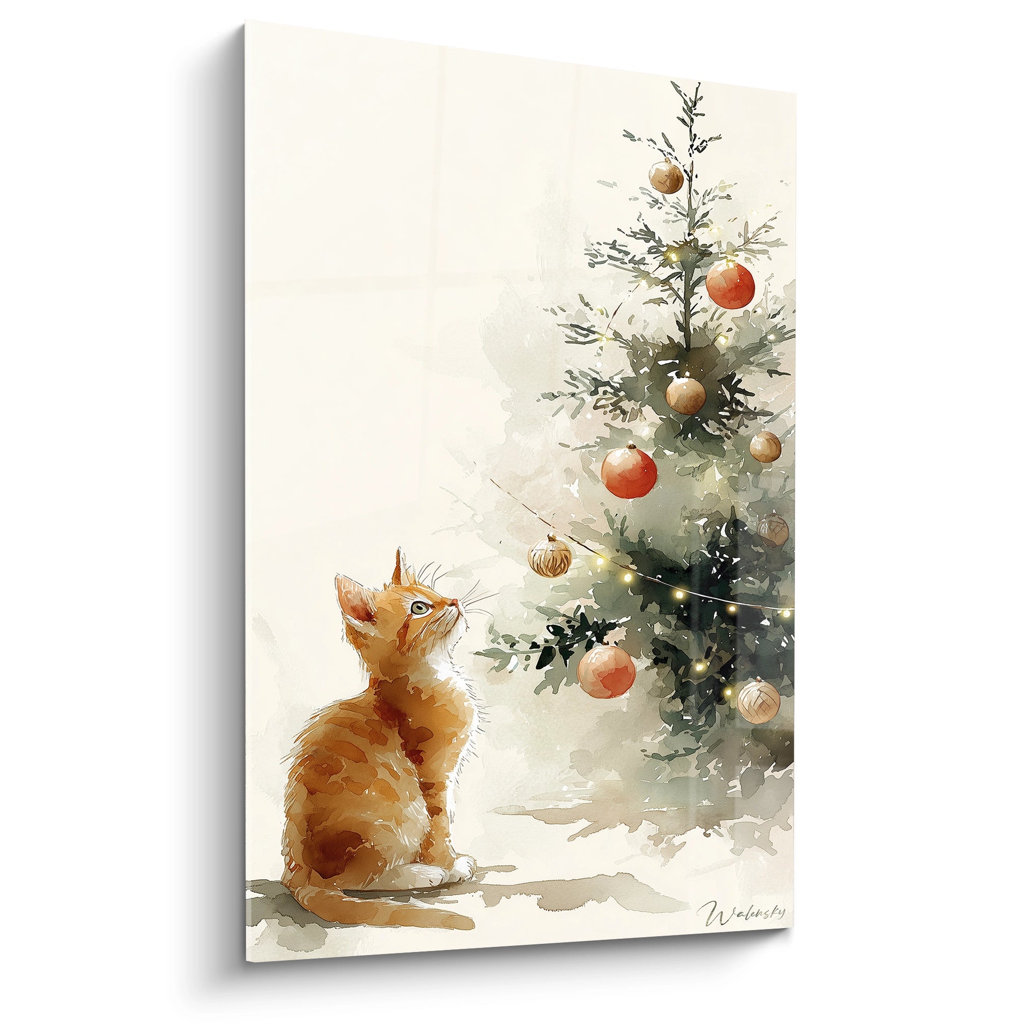 Tableau chat Noël avec un chat orange admirant un sapin décoré de boules au style artistique