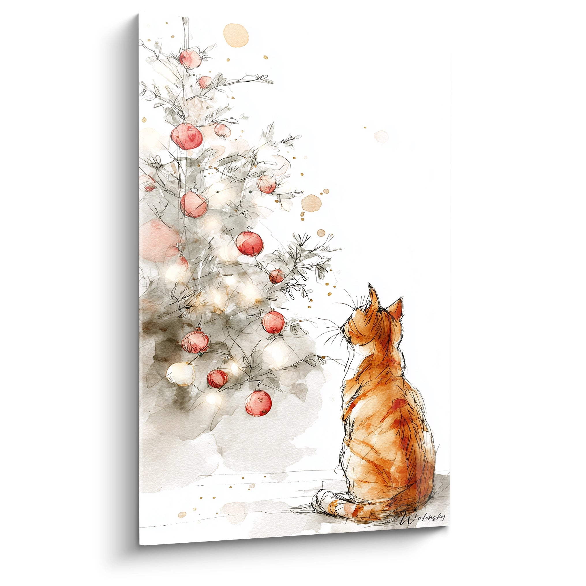 Tableau chat noël illustrant un chat roux devant un arbre décoré de boules rouges