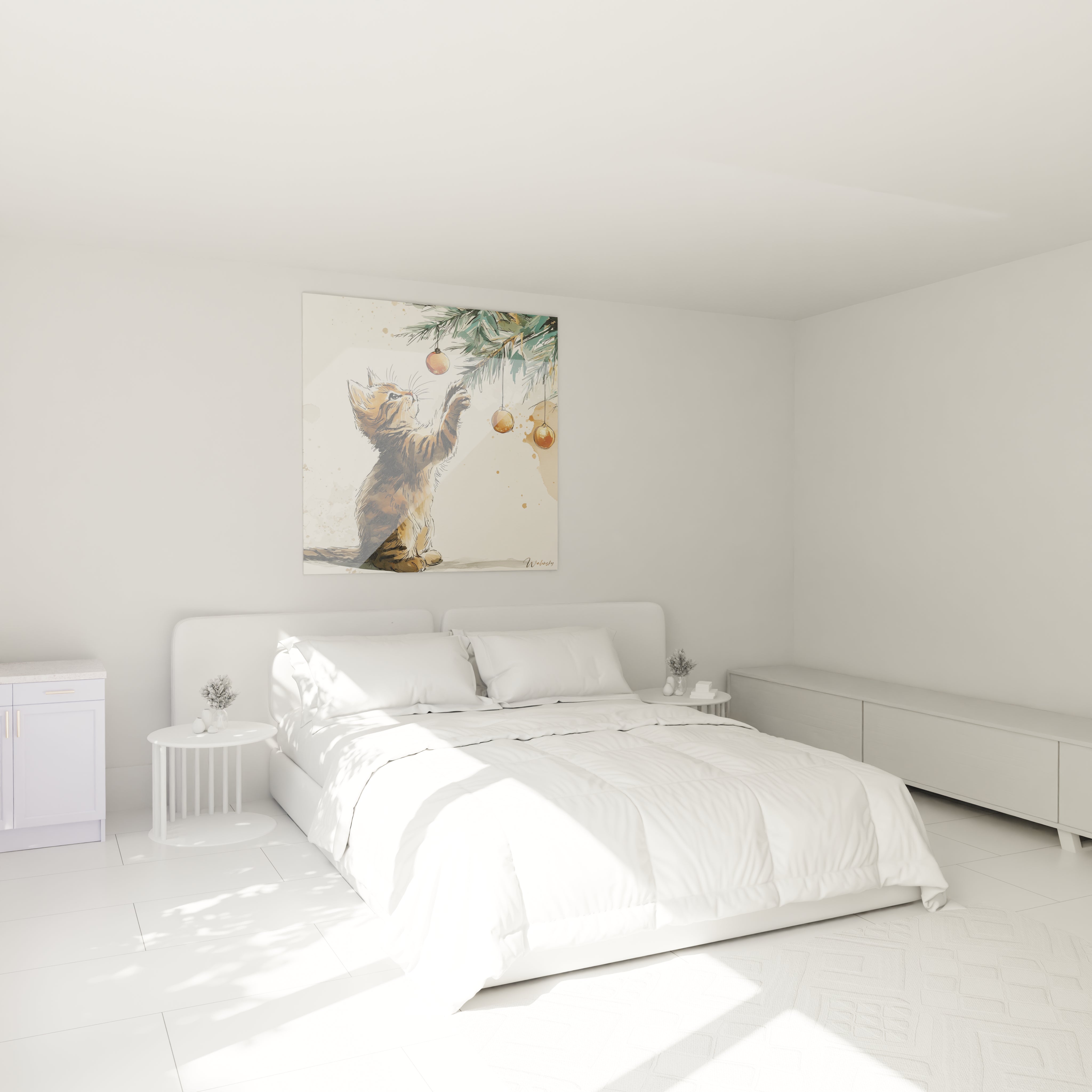 Tableau chat Noël accroché au-dessus d'un lit d'une chambre moderne et lumineuse
